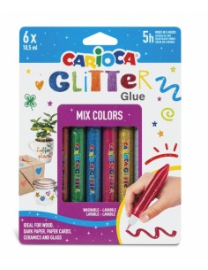 Carioca Glitter Glue Multiglitter Blister de 6 Tubitos de Cola de Color - para Decorar con Efecto Glitter - Se Aplica