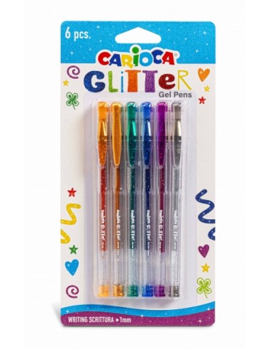 Carioca Glitter Gel Pack de 6 Boligrafos - Punta Ø 1mm - Tinta Gel Glitter - para Superficies Oscuras - Escritura Brillante