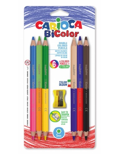 Carioca Jumbo Pack de 6 Lapices Bicolor Hexagonales Lacados - Maxi Mina de Ø 5mm - Alta Resistencia a la Rotura - Sacapuntas