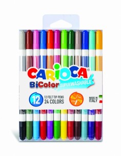 Carioca Bicolor Pack de 12 Rotuladores - Dos Colores por Rotulador - Tinta Superlavable - Punta Conica para Doble Trato de