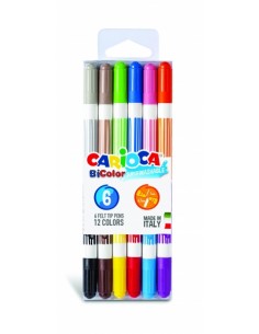 Carioca Bicolor Pack de 6 Rotuladores - Dos Colores por Rotulador - Tinta Superlavable - Punta Conica para Doble Trato de