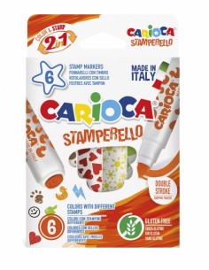 Carioca Stamperello Pack de 6 Rotuladores con Sellos - Doble Punta - 6 Colores Diferentes - Tinta Lavable Atoxica - Color