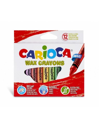 Carioca Maxi Pack de 12 Ceras - Colores Brillantes - Lavables - Cuerpo de Ø 12mm - Color Varios