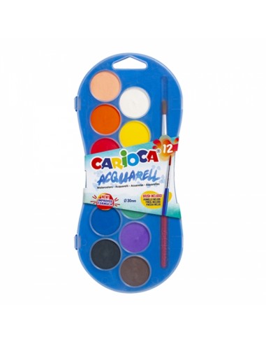 Carioca Acuarela Pack de 12 Colores en Pastilla - Brillantes - Facilmente Mezclables - Ø 30mm - Color Varios