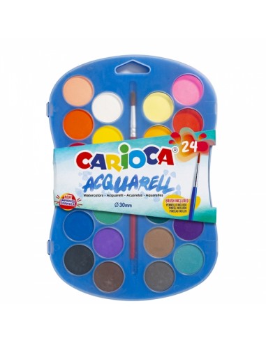 Carioca Acuarela Pack de 24 Colores en Pastilla - Brillantes - Facilmente Mezclables - Ø 30mm - Color Varios
