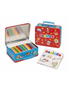 Carioca Pack de 100 Rotuladores Punta Fina y Tinta Superlavable - Caja de Metal - 1 Album para Colorear - Dedicado a