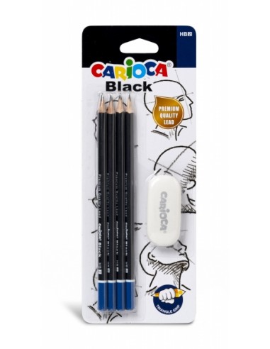 Carioca Blister de 4 Lapices de Grafito Black HB-Goma - Faciles de Borrar y Sacar Punta - Cuerpo Triangular Agradable al