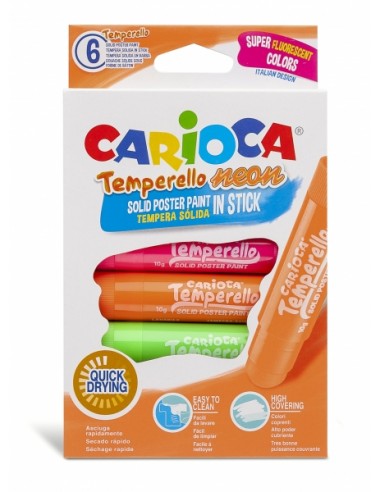 Carioca Temperello Neon Pack de 6 Temperas Solidas - Colores Brillantes y Lavables - Gran Cobertura - Faciles de Mezclar -