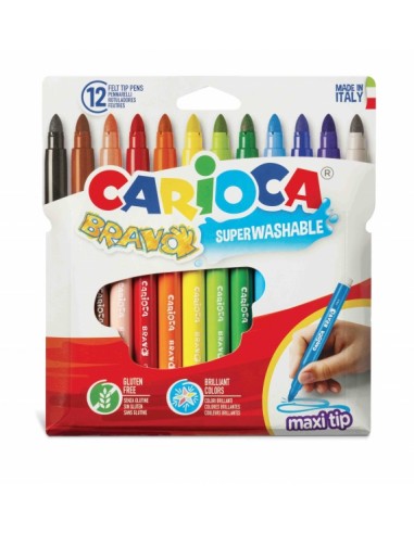Carioca Bravo Pack de 12 Rotuladores - Cuerpo Octogonal Maxi - Tinta Superlavable - Punta Maxi 6mm Bloqueada - Tapa Ventilada