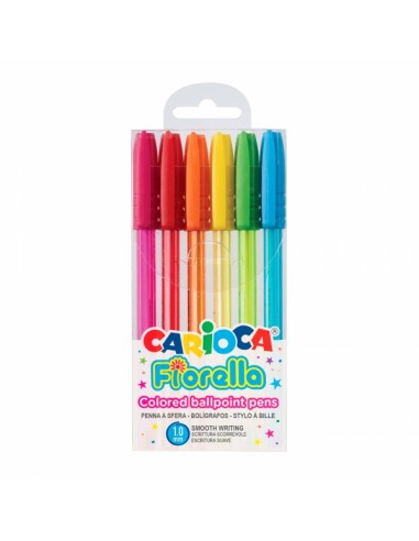 Carioca Fiorella Pack de 6 Boligrafos - Punta de Esfera - Cuerpo Transparente Fluo - Escritura Brillante y Colorida - Color