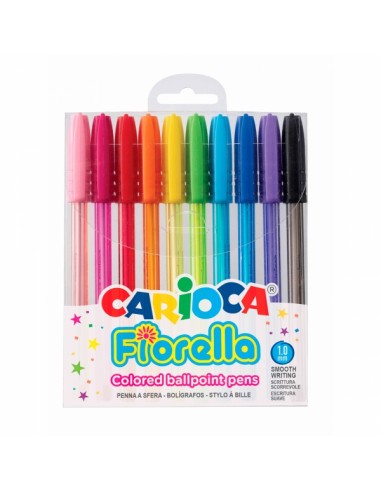 Carioca Fiorella Pack de 10 Boligrafos - Punta de Esfera - Cuerpo Transparente Fluo - Punta Ø 1mm - Escritura Brillante y
