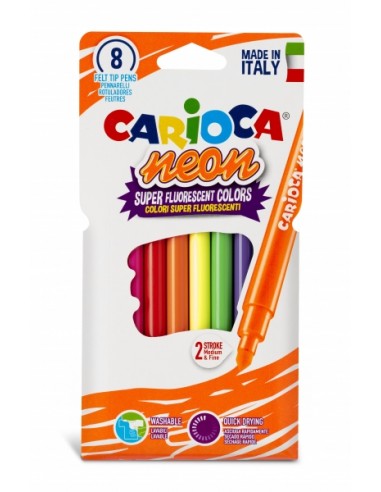 Carioca Neon Pack de 8 Rotuladores - Tinta Fluorescente - Perfecto para Colorear y Subrayar - Lavable de la Piel y Tejidos -