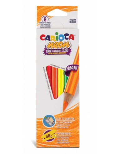 Carioca Pack de 6 Lapices Triangulares Maxi Neon - Colores Fluorescentes - Escritura Blanda - Aptos para Subrayar y Resaltar