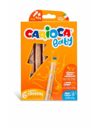 Carioca Baby 1-3In1 Pack de 6 Lapices - Lapiz Cera y Acuarela en Uno - Cuerpo Extragrande - Acuarelables - Sacapuntas