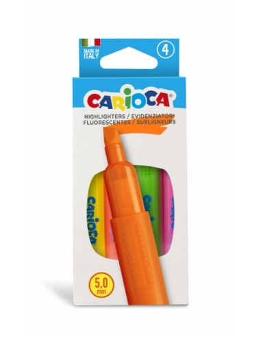Carioca Memory Pack de 4 Subrayadores - Punta Biselada de 5mm - Brillantes y Lavables - Tinta a Base de Agua - Color Varios
