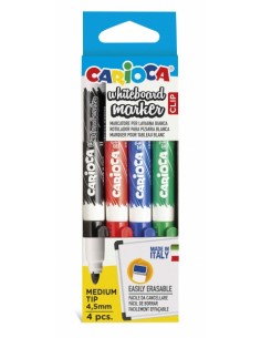Carioca Whiteboard Clip Pack de 4 Rotuladores Borrables para Pizarras Blancas - Punta Media - Punta de Ø 4.5mm - Tapa con