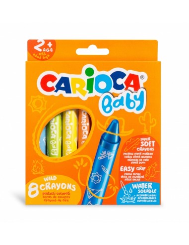 Carioca Pack de 8 Ceras Baby 2-- Super Suaves - Gran Dimension para Facil Agarre - Escritura Suave - Colores Brillantes y