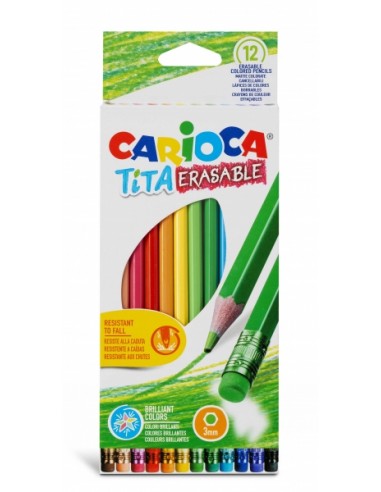 Carioca Tita Pack de 12 Lapices Borrables de Resina - Cuerpo Hexagonal - Colores Brillantes y Lavables - Escritura Blanda -