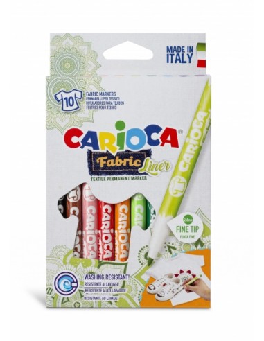 Carioca Fabric Pack de 10 Rotuladores para Tejidos - Punta Fina - Tinta Especial para Tejidos - Colores Indelebles - Punta