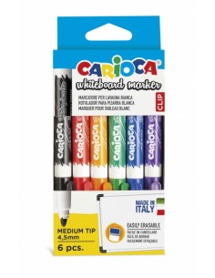 Carioca Pack de 6 Rotuladores para Pizarra Blanca Clip - Tapa con Clip - Se Borra Facilmente y Se Seca Rapidamente - Punta de