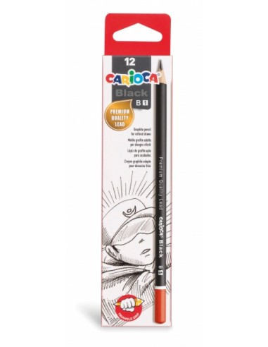 Carioca Black B Pack de 12 Lapices de Grafito - Facil de Borrar y Sacar Punta - Cuerpo Triangular Agradable al Tacto - Mina
