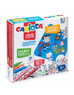 Carioca Coloring Puzzle Super Heroes & Market Pack de 35 Piezas a Doble Cara para Colorear - Incluye 12 Rotuladores