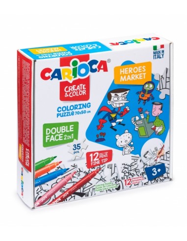 Carioca Coloring Puzzle Super Heroes & Market Pack de 35 Piezas a Doble Cara para Colorear - Incluye 12 Rotuladores