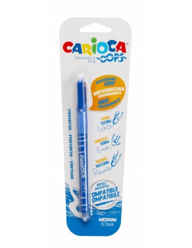 Carioca Oops Blister Boligrafo Borrable - Termo Sensible - Empuñadura Ergonomica Triangular - Punta de 0.7mm - Doble Goma -