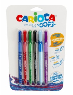 Carioca Oops Pack de 6 Boligrafos Borrables - Tinta Termo Sensible - Empuñadura Ergonomica Triangular - Punta de 0.7mm -