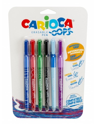 Carioca Oops Pack de 6 Boligrafos Borrables - Tinta Termo Sensible - Empuñadura Ergonomica Triangular - Punta de 0.7mm -