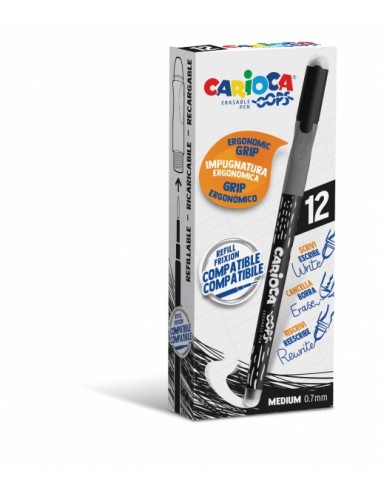 Carioca Oops Boligrafos Borrables - Tinta Negra Termo Sensible - Empuñadura Ergonomica Triangular - Punta de Ø 0.7mm -
