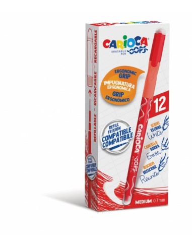 Carioca Oops Boligrafos Borrables - Tinta Roja Termo Sensible - Empuñadura Ergonomica Triangular - Punta de Ø 0.7mm - Doble