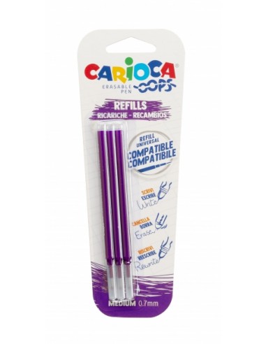 Carioca Oops Blister 3 Recambios para Boligrafo Borrable - Tinta Termo Sensible - Punta de 0.7mm - Recambios Compatibles -