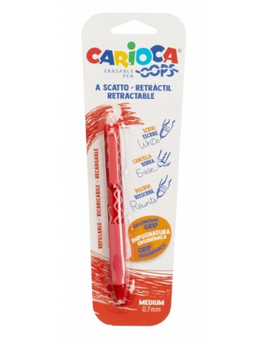Carioca Oops Boligrafo Borrable - Tinta Termo Sensible - Empuñadura Ergonomica Triangular - Punta de Ø 0.7mm - Recambios
