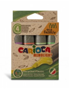 Carioca Eco Family Pack de 4 Subrayadores - Colores Brillantes - Tinta a Base de Agua - Punta Biselada de 5mm - Color Varios