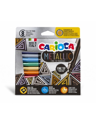 Carioca Metallic Fine Pack de 8 Rotuladores Metalicos - Punta Fina - Ideales para Superficies Oscuras - Colores Permanentes