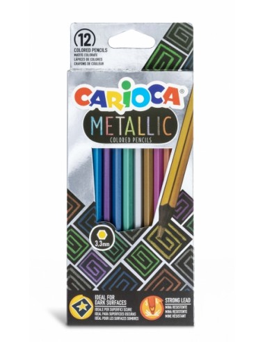 Carioca Metallic Pack de 12 Lapices Hexagonales Metalicos - Colores Cubrientes - Ideales para Superficies Oscuras - Mina