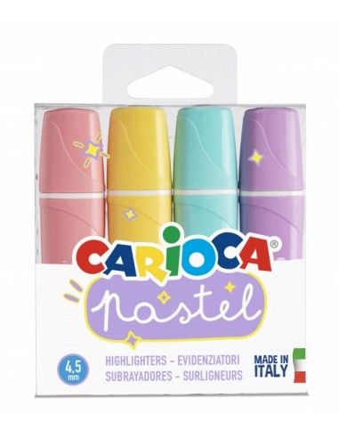 Carioca Memolight Pack de 4 Subrayadores Pastel - Tinta a Base de Agua y Lavable - Punta Biselada - Color Varios