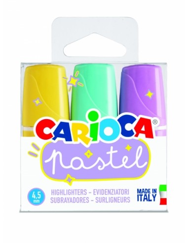 Carioca Minilight Pack de 3 Subrayadores Pastel - Tinta a Base de Agua y Lavable - Punta Biselada - Color Varios
