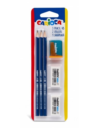 Carioca Pack de 3 Lapices de Grafito HB-2 Gomas y Sacapunta - Facil de Borrar y Sacar Punta - Cuerpo Triangular Agradable