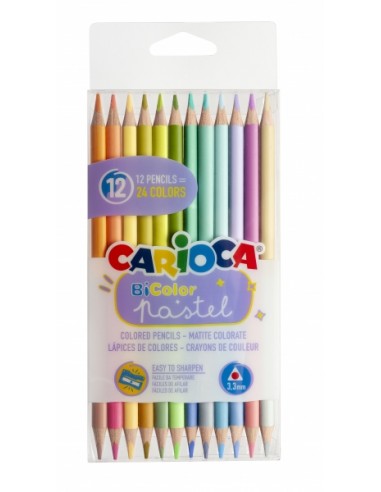 Carioca Bi-Color Pack de 12 Lapices - 24 Colores Pastel - Cuerpo Triangular - Colores Brillantes y Lavables - Escritura
