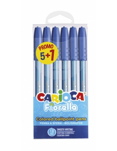 Carioca Fiorella Pack de 6 Boligrafos - Punta de Esfera - Cuerpo Transparente Fluo - Punta Ø 1mm - Escritura Brillante y