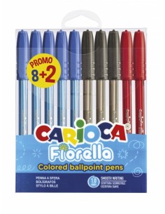 Carioca Fiorella Pack de 10 Boligrafos de Colores - Punta de Esfera - Cuerpo Transparente Fluo - Escritura Brillante y