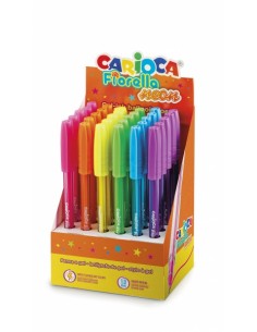 Carioca Fiorella Expositor de 30 Boligrafos Neon - Punta de Esfera - Cuerpo Transparente Fluo - Escritura Brillante y