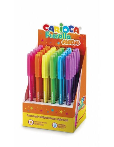Carioca Fiorella Expositor de 30 Boligrafos Neon - Punta de Esfera - Cuerpo Transparente Fluo - Escritura Brillante y