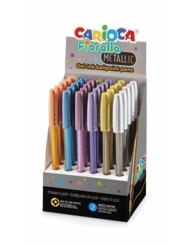 Carioca Fiorella Expositor de 30 Boligrafos de Colores Metallic - Punta de Esfera - Cuerpo Transparente Fluo - Escritura