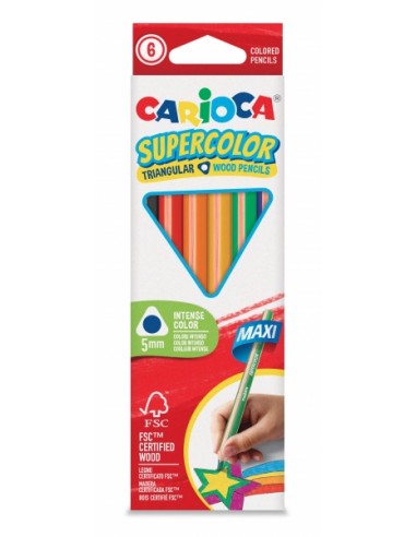 Carioca Supercolor Pack de 6 Lapices de Madera - Cuerpo Triangular Maxi - Colores Intensos y Gran Opacidad - Lapizgrueso Ø