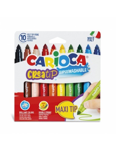Carioca Creatip Maxi Pack de 10 Rotuladores - Tinta Superlavable - Punta Maxi con Doble Carrera - Punta Bloqueada y con Tapa