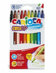 Carioca Creatip Pack de 10 Rotuladores - Tinta Superlavable - Punta Media con Doble Carrera - Punta Bloqueada y con Tapa