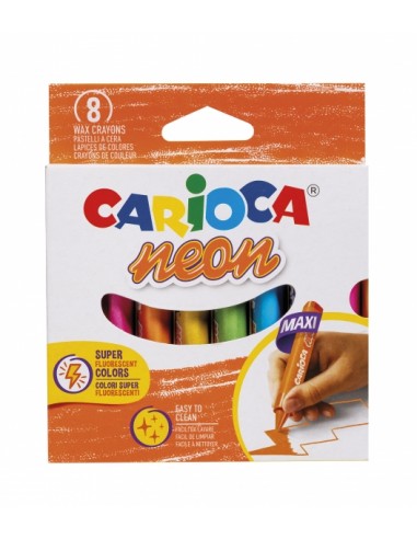Carioca Ceras Neon Pack de 8 Ceras - Cuerpo Maxi Triangular - Colores Cubrientes - Faciles de Limpiar - Color Varios